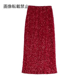 🧤12月新作⛸️13261◆red レッド スパンコール ロング フレアスカート(ロングスカート)