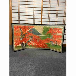 伊藤嘉晃 四枚折屏風 日本美術院特待 日本画  紅葉山水 名品(絵画/タペストリー)