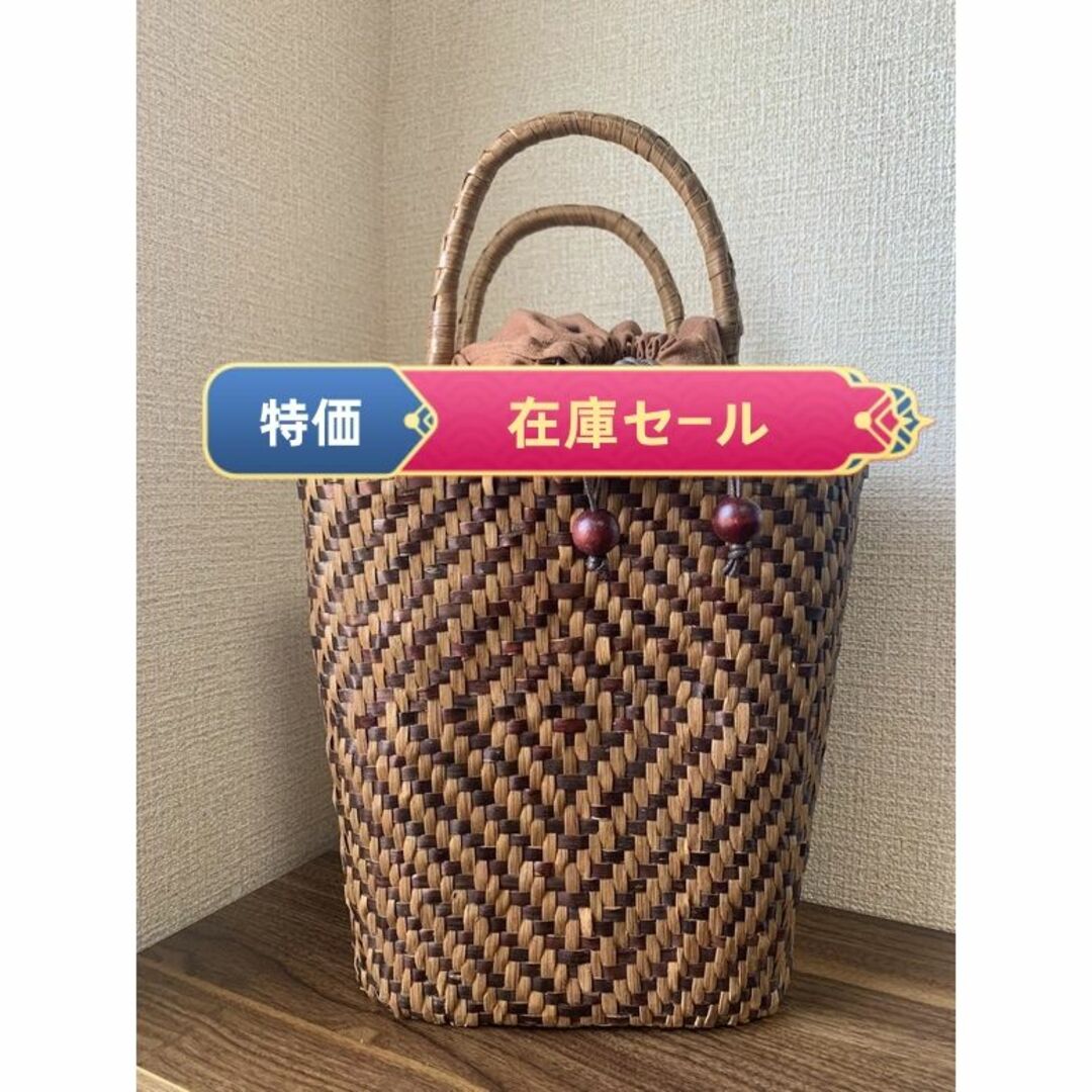 【在庫セール】桜皮、山葡萄　手作り　かごバッグ　巾着タイプ内布 縦長かごバッグ/ストローバッグ