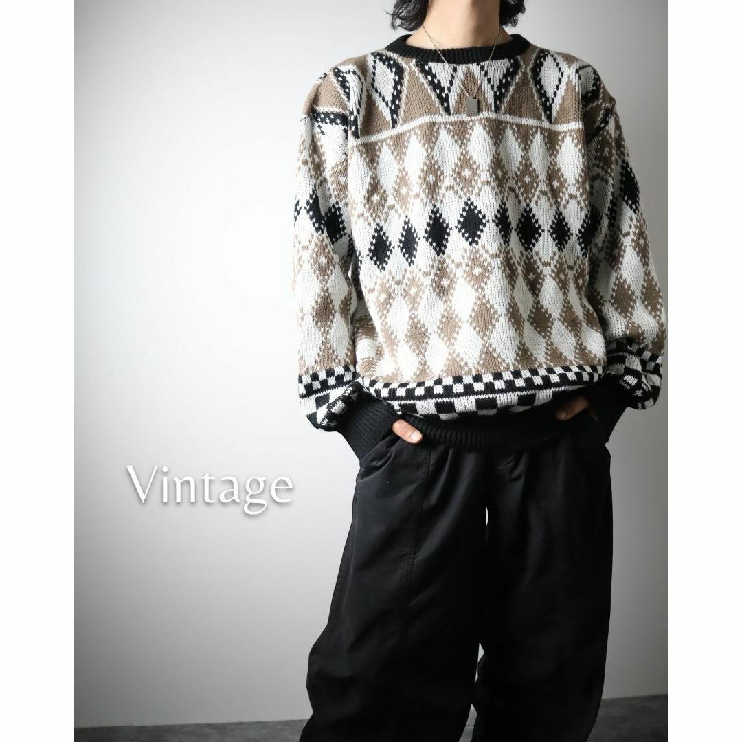 ART VINTAGE(アートヴィンテージ)の【vintage】ダイヤモンド柄 総柄 ルーズ ニット セーター USA製 XL メンズのトップス(ニット/セーター)の商品写真