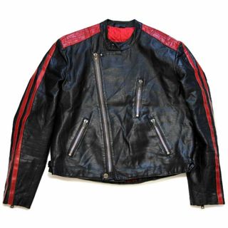 80s HEALSON キルティングライナー セミダブルライダース レザージャケット 黒×赤★ビンテージ ユーロ カフェレーサー シングル(ライダースジャケット)