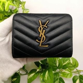 サンローラン(Saint Laurent)のサンローラン　折り財布　ジップ　カサンドラ　ブラック　ゴールド(財布)