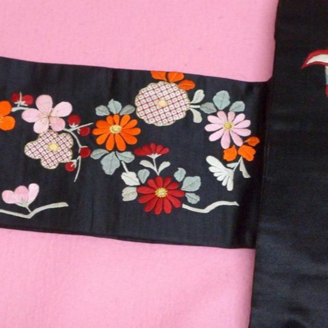 セール中【アンティーク】明治時代の刺繍帯・黒繻子・名古屋帯・日本刺繍帯