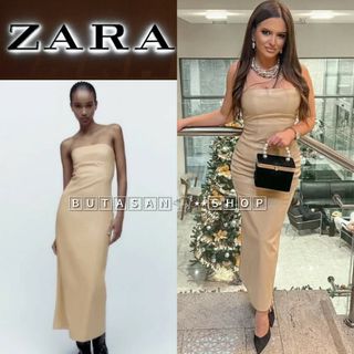 ザラ(ZARA)の新品 高見え ♡ ZARA レザー調 クリームベージュ ロング ドレス ワンピ(ロングワンピース/マキシワンピース)