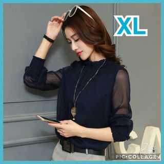 XL シフォンブラウス ネイビー オフィス 大きいサイズ フリル 卒業 入学(シャツ/ブラウス(長袖/七分))