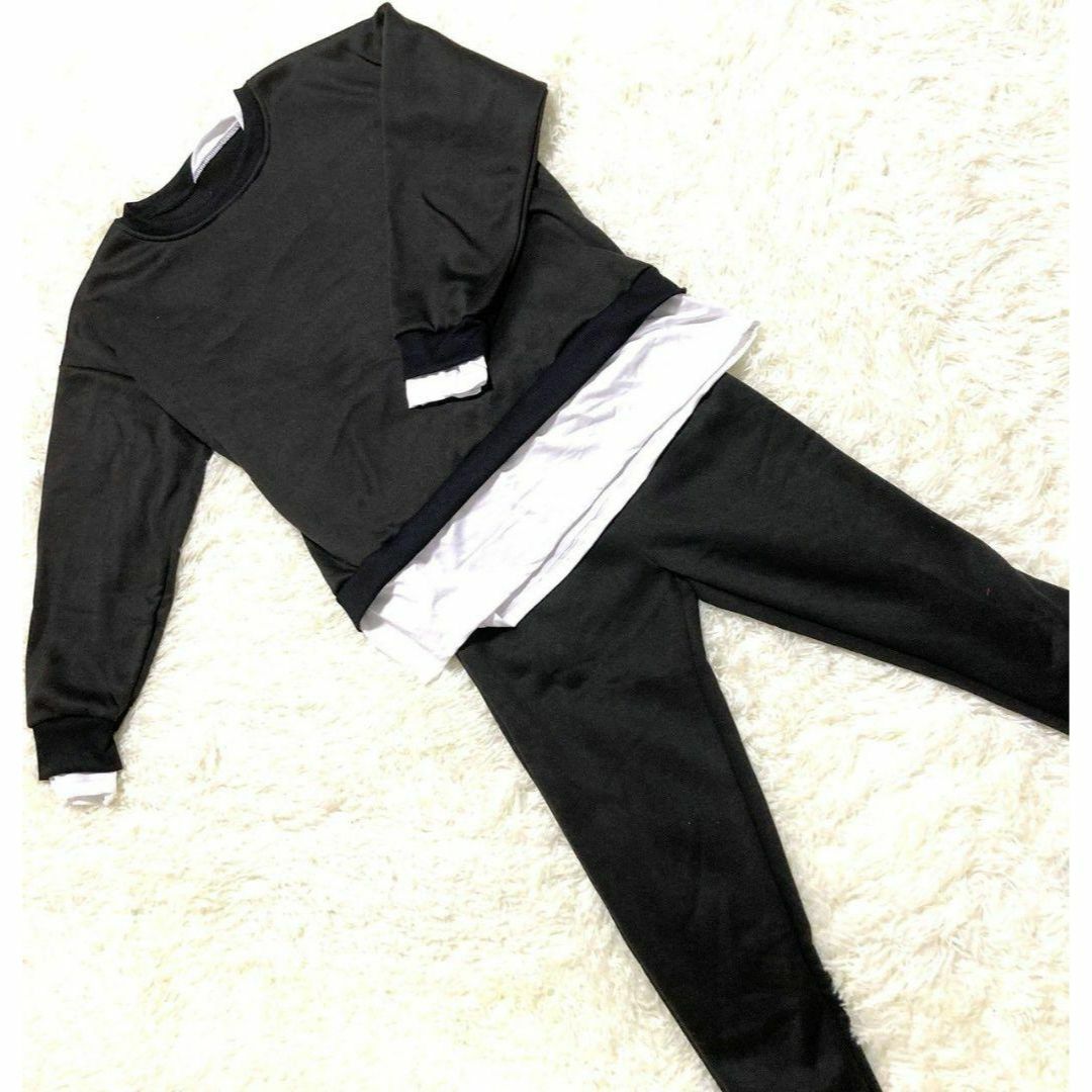 セットアップ　長袖　重ね着風　黒 M スウェット　ルームウェア　パジャマ　お洒落 レディースのルームウェア/パジャマ(ルームウェア)の商品写真