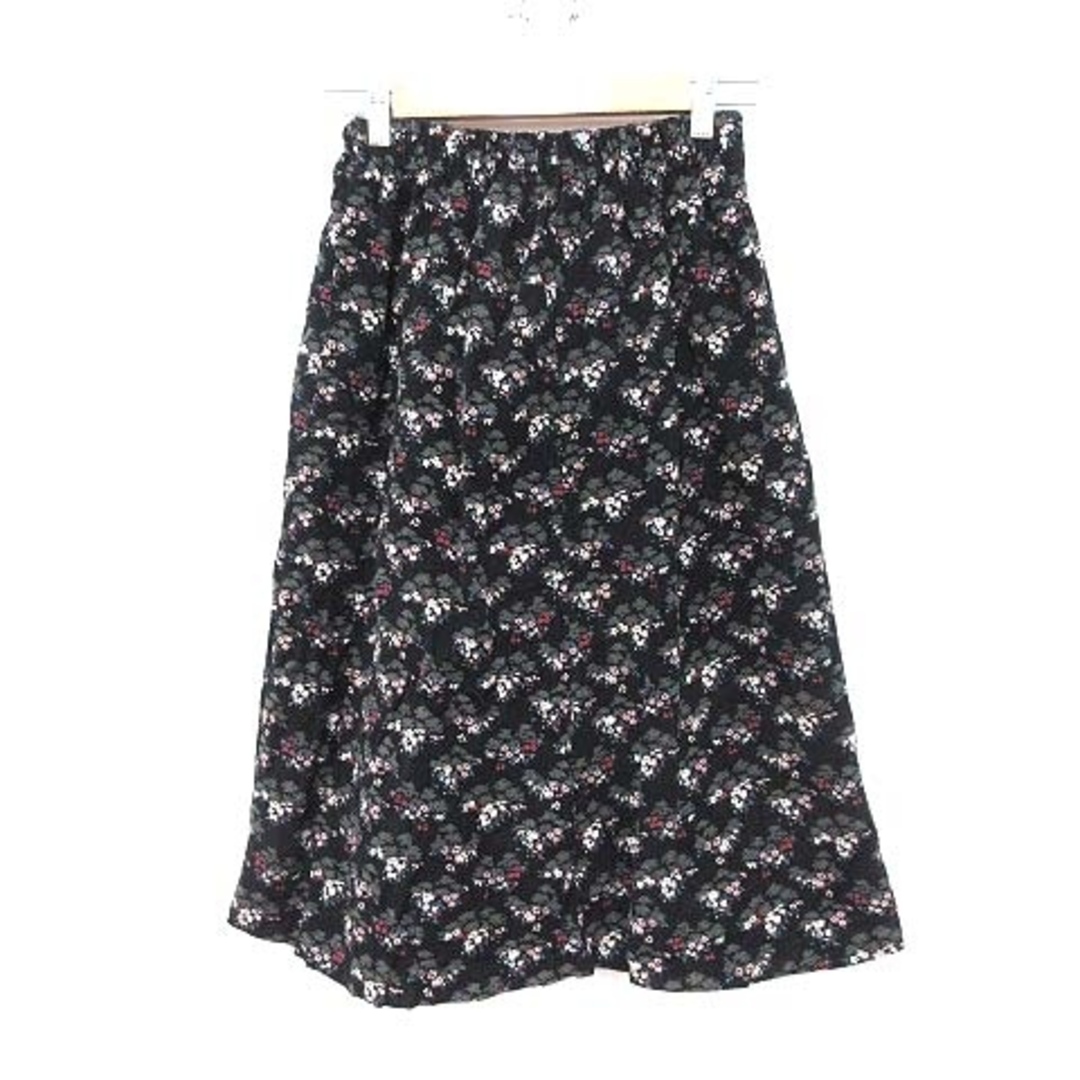 flower(フラワー)のフラワー フレアスカート ミモレ ロング コーデュロイ 小花柄 黒 ブラック レディースのスカート(ロングスカート)の商品写真