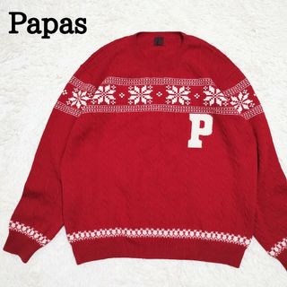 ママスアンドパパス(Mamas & Papas)のPapas　パパス　ケーブルニットセーター　ウール100％　雪の結晶柄　赤　LL(ニット/セーター)