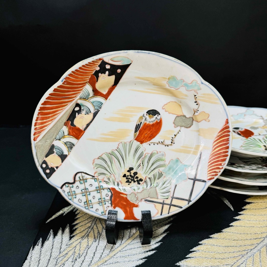 希少品 有田焼 古伊万里 染錦手 花鳥地紋様 皿 5枚 江戸中期