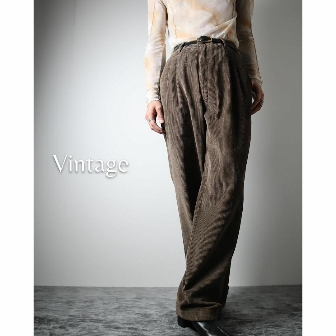 ART VINTAGE(アートヴィンテージ)の【vintage】2タック ワイド ルーズ コーデュロイパンツ W36 茶 メンズのパンツ(チノパン)の商品写真