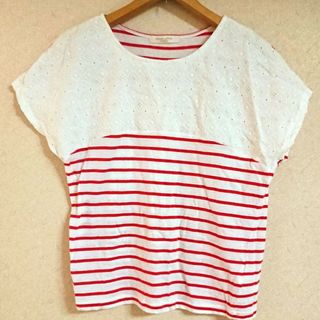 ショコラフィネローブ(chocol raffine robe)の●chocol raffine robe コットンレースと赤ボーダーのTシャツ(Tシャツ(半袖/袖なし))