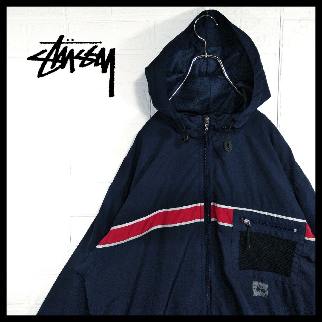 【STUSSY】90s' 紺タグ　ビッグシルエット　フード　ナイロン　ジャケットのーぷ_ジャケット