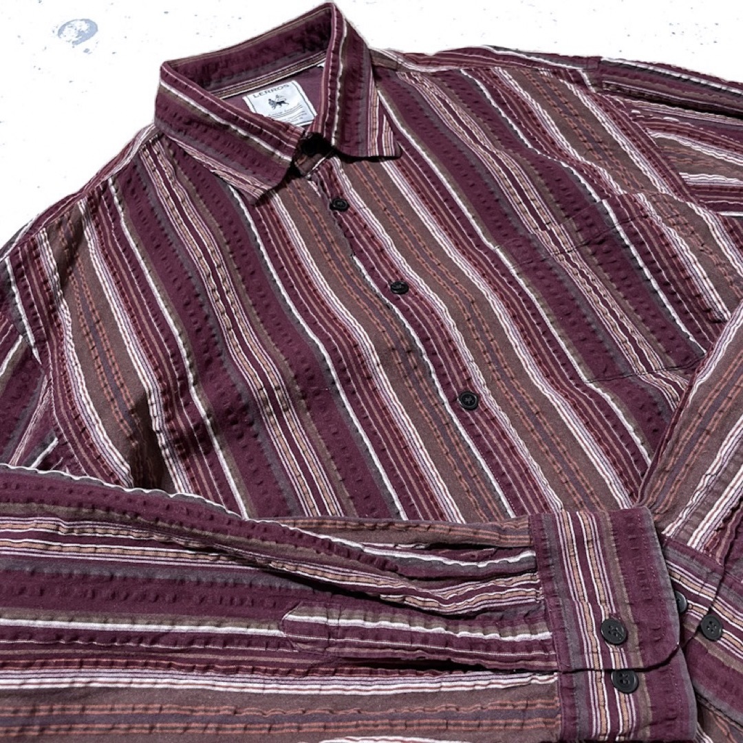 XL 赤紫 バーガンディ マルチカラー ストライプ サッカー シャツ 長袖 古着 メンズのトップス(シャツ)の商品写真