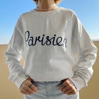 メゾンキツネ(MAISON KITSUNE')のメゾンキツネ プリントパーカー トレーナー ロゴ M ホワイト 白 ネイビー 紺(トレーナー/スウェット)