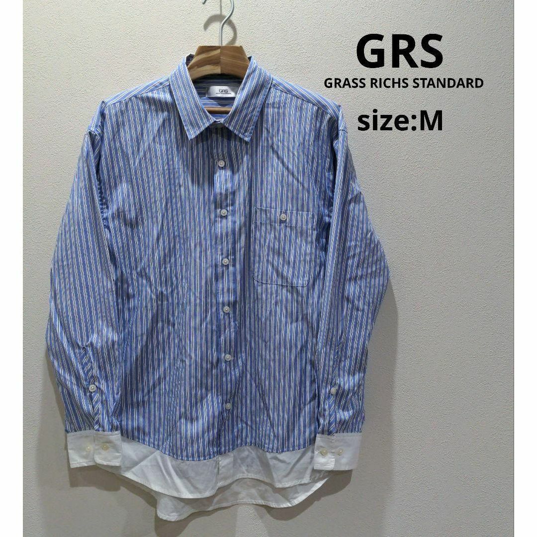 GRS レイヤード風 切り替え ストライプ 長袖シャツ ユニセックス ブルー レディースのトップス(シャツ/ブラウス(長袖/七分))の商品写真