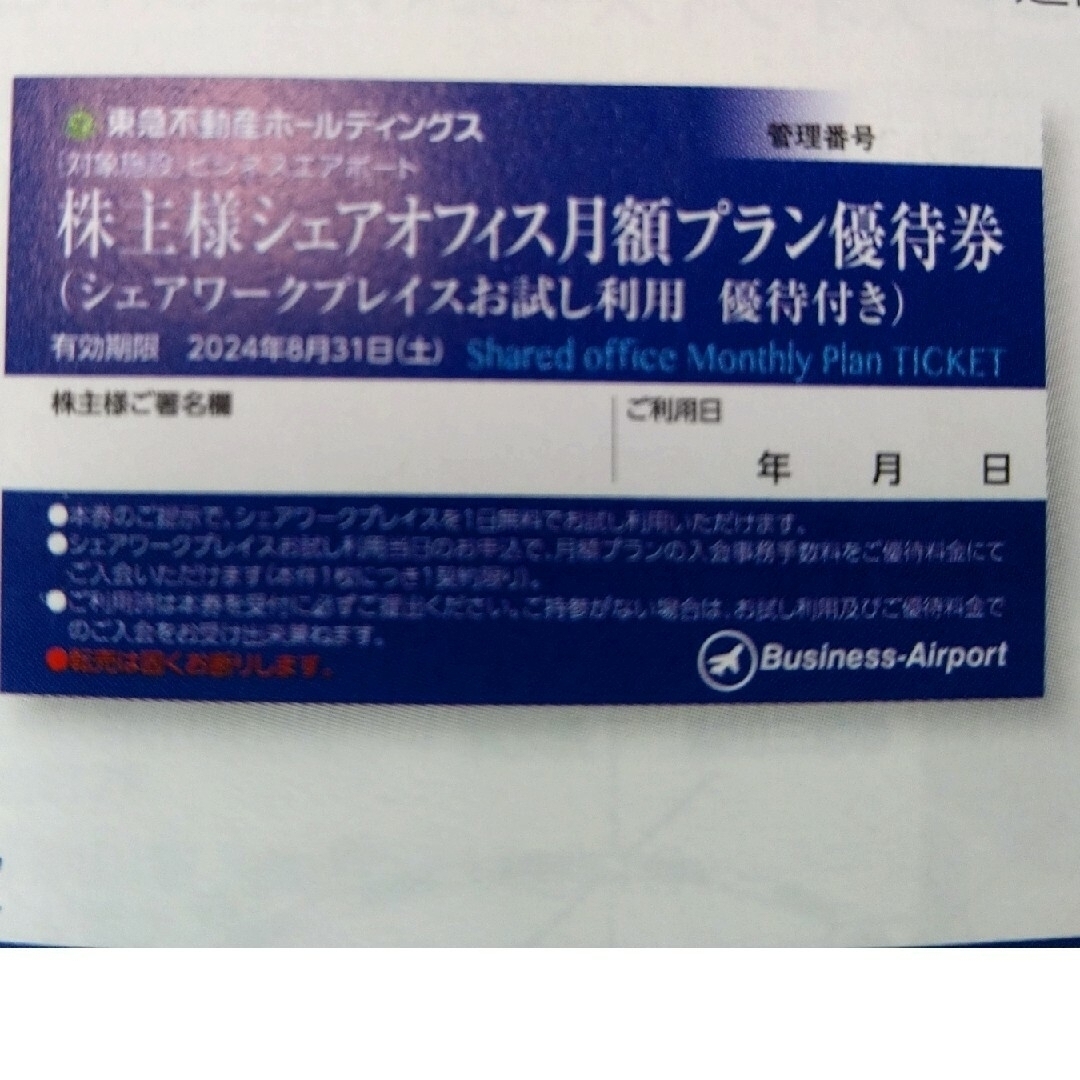 東急不動シェアオフィス1日お試し利用付、月額プラン優待券2枚 チケットの施設利用券(その他)の商品写真