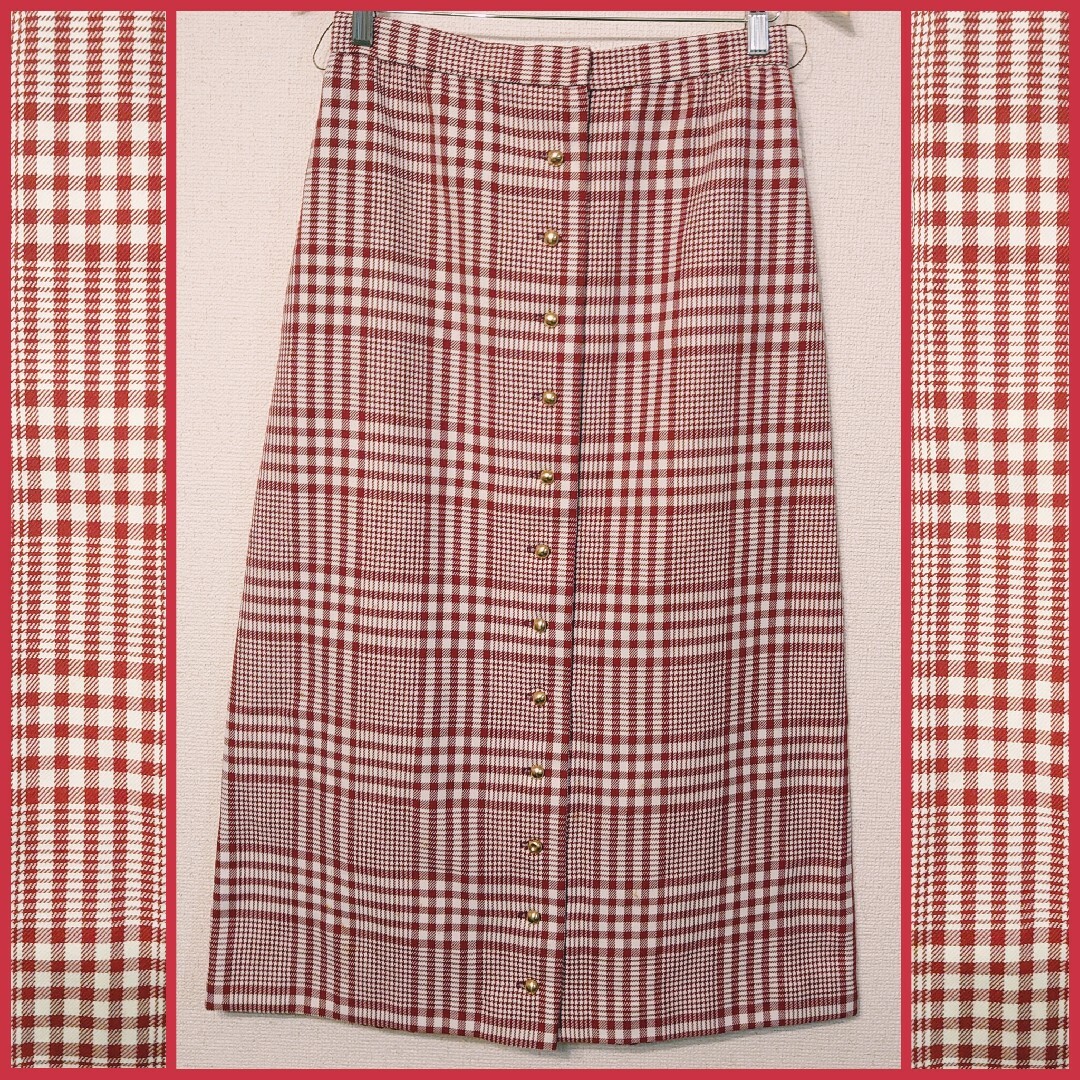 VINTAGE(ヴィンテージ)の昭和レトロ古着★赤白チェック金ボタンロング台形スカート レディースのスカート(ロングスカート)の商品写真