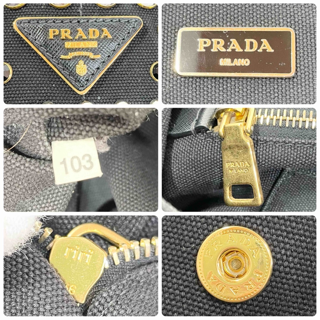 美品 正規品 PRADA プラダ カナパ ハンドバッグ ビジュー スタッズ 黒