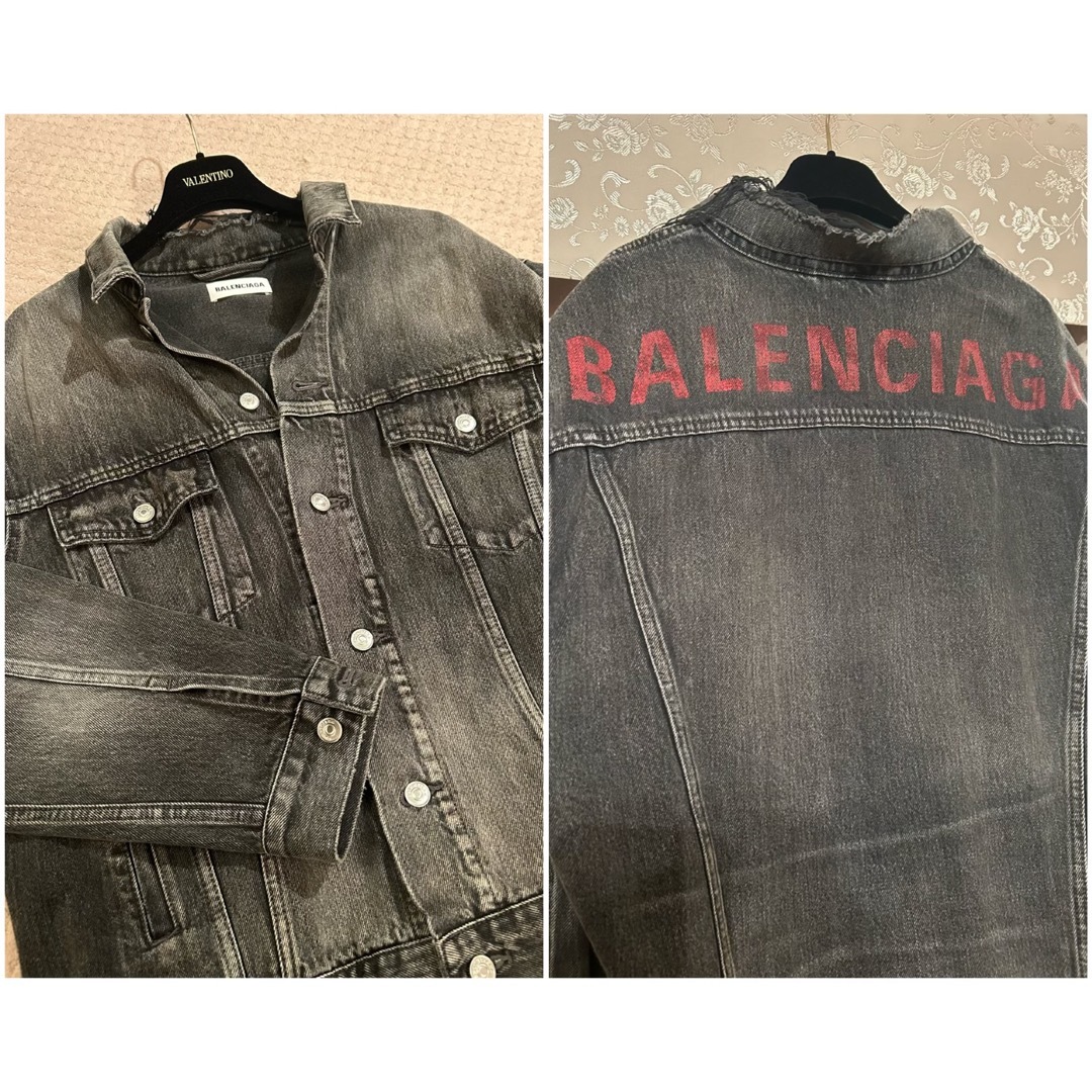 Balenciaga(バレンシアガ)のバレンシアガ　デニムジャケット　アウター　Gジャン　赤　ロゴ　ブラックデニム　 レディースのジャケット/アウター(Gジャン/デニムジャケット)の商品写真