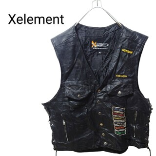 【Xelement】本革 ワッペン刺繍 レザーライダースベスト A-1557(ライダースジャケット)