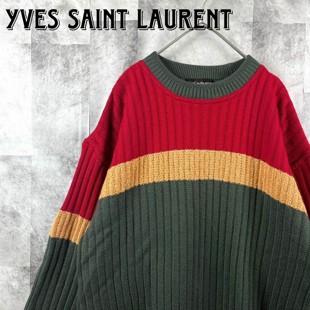 Yves Saint Laurent(イヴサンローラン)の美品 イヴ・サンローラン マルチカラー ウールニットセーター リブ編み M メンズのトップス(ニット/セーター)の商品写真