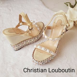 Christian Louboutin クリスチャンルブタン PARACLOU ピラクル  サンダル  キャンバス レザー  ブルー系 ホワイト シルバー金具 ウェッジソール スクエアスタッズ バックストラップ 35【本物保証】