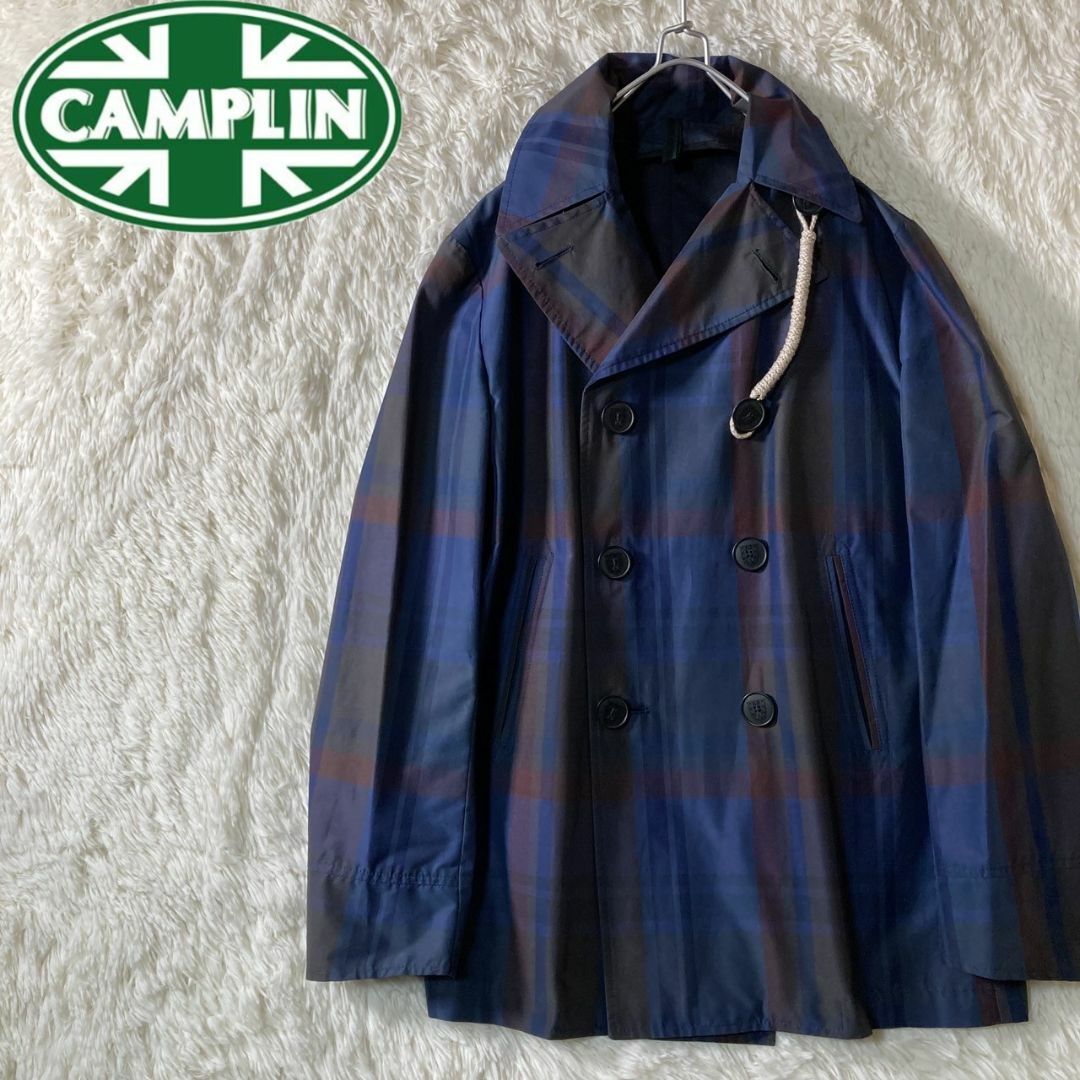 極美品 CAMPLIN カンプリン ピーコート チェック柄 ブルー系 46 M メンズのジャケット/アウター(ピーコート)の商品写真