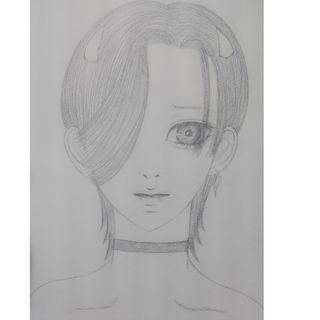 手描きイラスト　絵画　オリジナル　デビル　ヴァンパイア　吸血鬼　美少女画　鉛筆画(絵画/タペストリー)