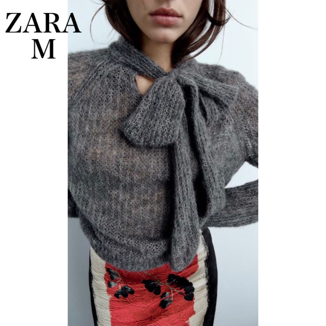 カラーグレー【ZARA】新品未使用／リボン オープンニット