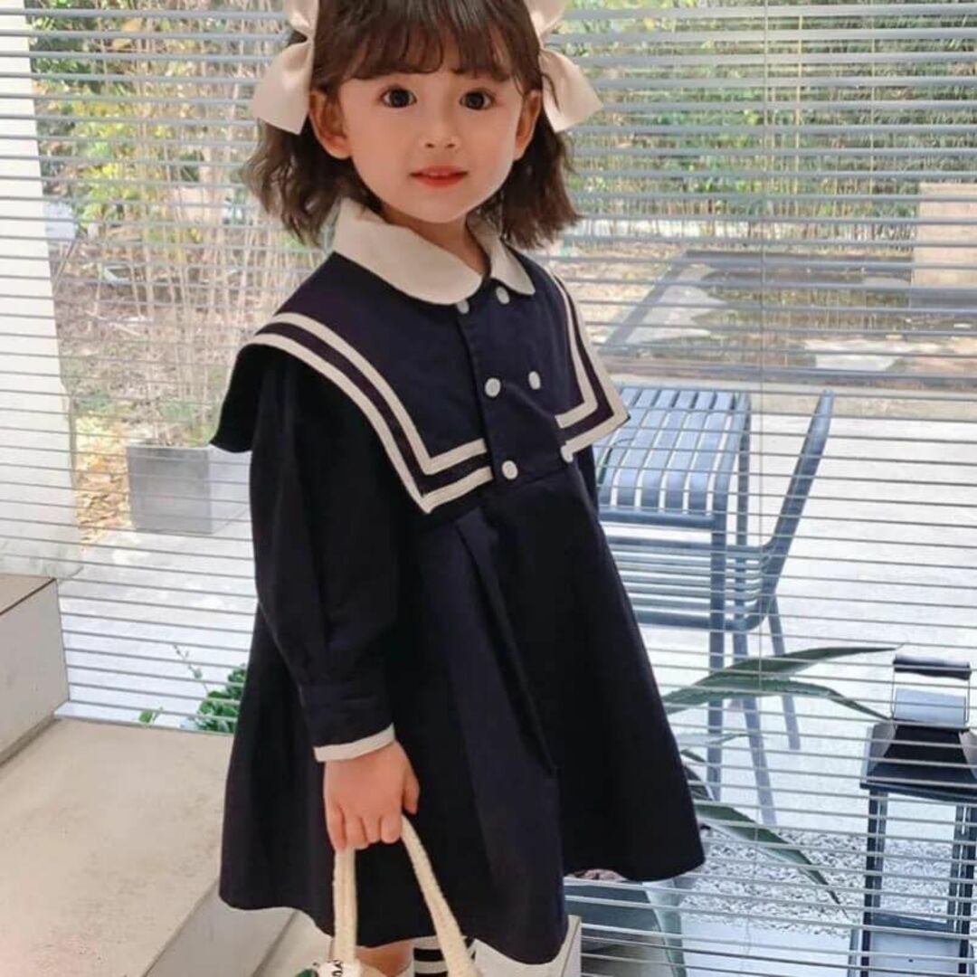 110㎝ セーラー カラー 制服 ワンピース ネイビー 女の子 卒園式 入学式 キッズ/ベビー/マタニティのキッズ服女の子用(90cm~)(ワンピース)の商品写真