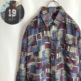 ヴィンテージ(VINTAGE)の古着 総柄シルクシャツ 長袖 クレイジーパターン 民族柄パッチワーク調パープルL(シャツ)