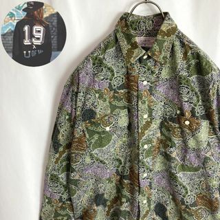 ヴィンテージ(VINTAGE)のレトロ古着 総柄シャツ ボタニカル柄 エキゾチック 長袖 グリーン緑 茶色M(シャツ)