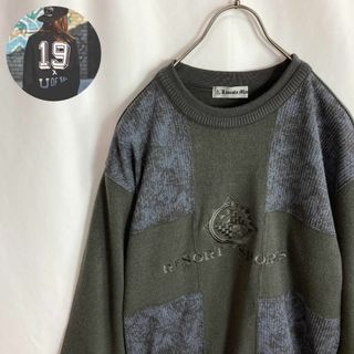 ヴィンテージ(VINTAGE)のレトロ古着 ニットセーター 刺繍 切替デザイン 灰紫色 パープルグレーMサイズ(ニット/セーター)