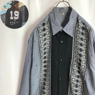 ヴィンテージ(VINTAGE)のレトロ古着 総柄シャツ 長袖 ネイティブ柄 幾何学模様 縦ライン２XL 縦ライン(シャツ)