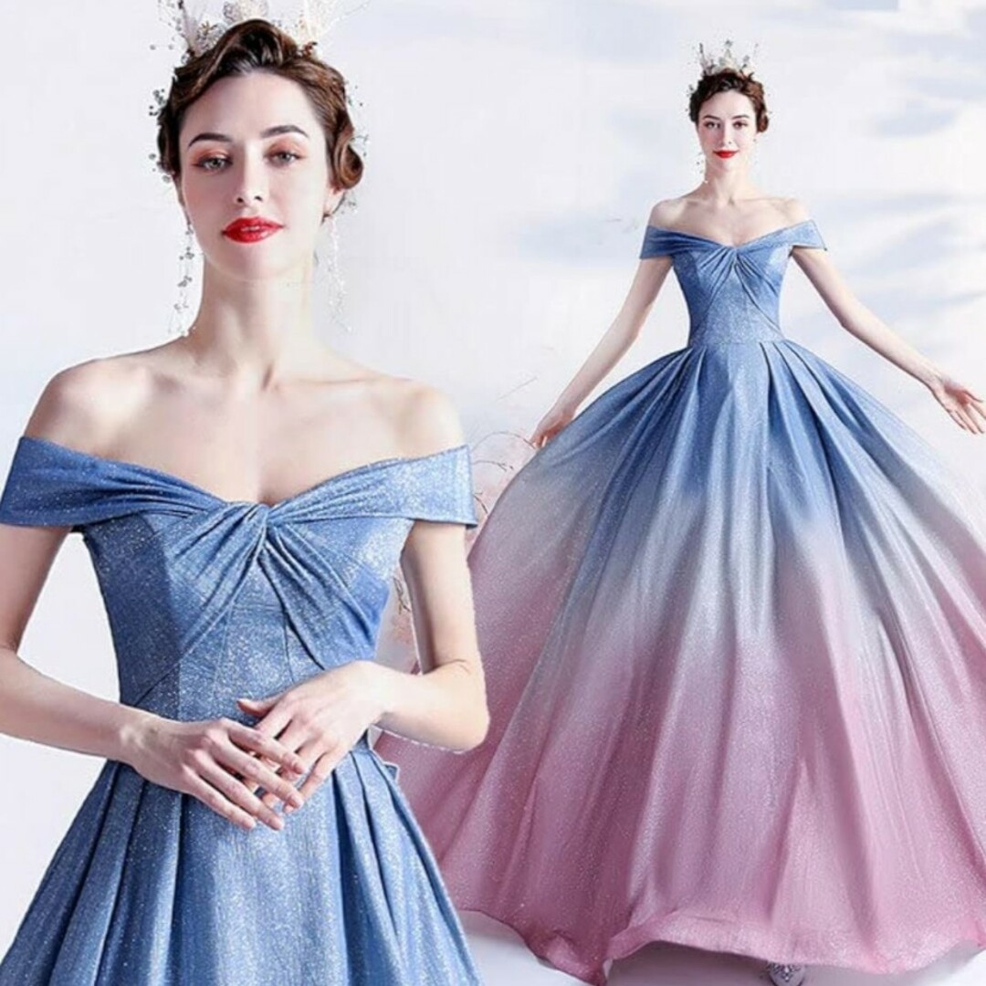 ブルーとピンクのグラデーションが美しい Aライン ロングドレスウェディングドレス