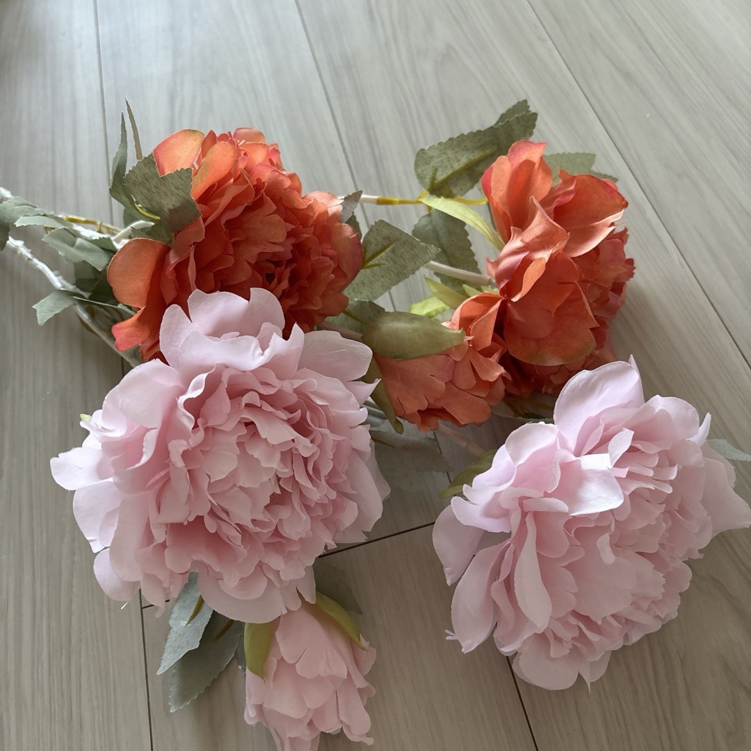 フェイクフラワー 造花 オレンジ ピンク お花 牡丹 ハンドメイドのフラワー/ガーデン(その他)の商品写真