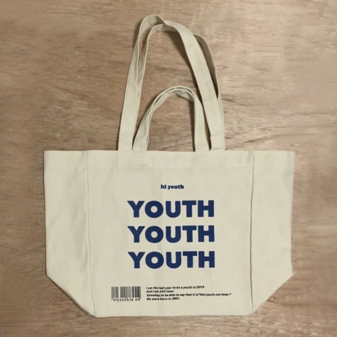 youth ロゴ キャンバストート 帆布 きなり 綺麗 美品 大容量 安い 青 レディースのバッグ(ショルダーバッグ)の商品写真