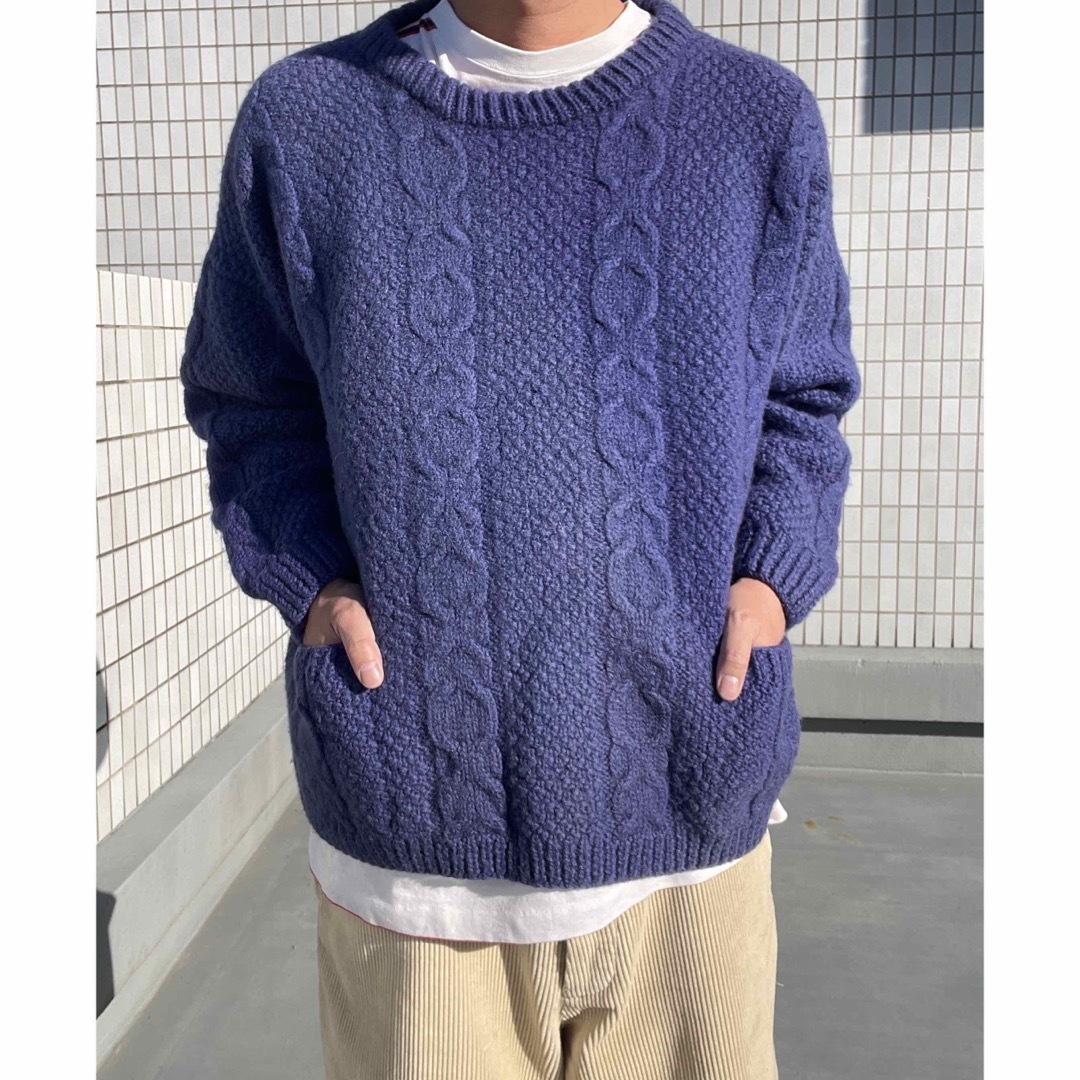 80s90s L.L.Beanフロントポケット付ニットMブルー?VINTAGE 80s90s L.L.Beanフロントポケット付ニットMブルー?VINTAGE
