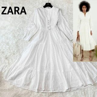 ザラ(ZARA)のZARA パンチングエンブロイダリーロングワンピース　レース　ウエストゴム　XL(ロングワンピース/マキシワンピース)