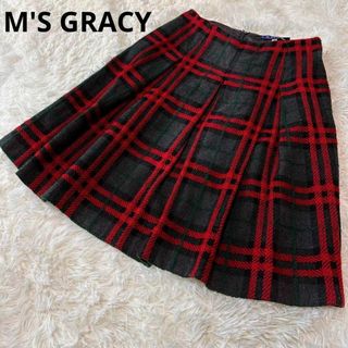 エムズグレイシー(M'S GRACY)のM'S GRACY M'sグレイシー　膝丈　前プリーツ　赤チェック　40(ひざ丈スカート)