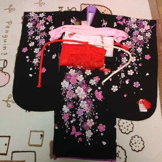 七五三7歳七歳フルセットJAPANstyleブランド黒紫枝垂れ桜祝着物艶々鶴作り(和服/着物)