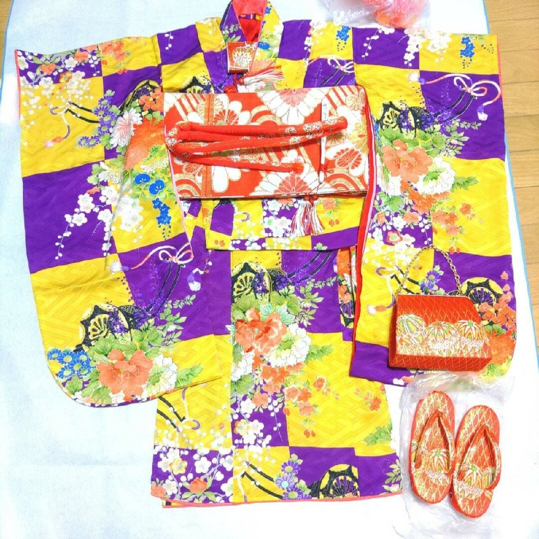 キッズ服女の子用(90cm~)七五三7歳祝着物正絹フルセットアンティーク刺繍黄色紫市松梅橘子供用袋帯はこせこ