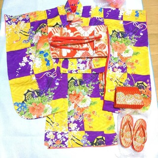 七五三7歳祝着物正絹フルセットアンティーク刺繍黄色紫市松梅橘子供用袋帯はこせこ(和服/着物)