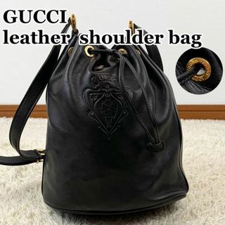 グッチ(Gucci)の極美品✨オールドグッチ ロゴ型押し レザー 巾着 ショルダーバッグ ブラック(ショルダーバッグ)