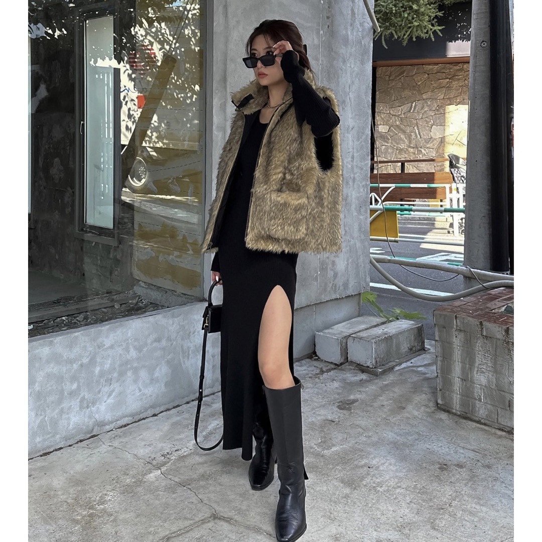 ACLENT 2way stand collar fur vest