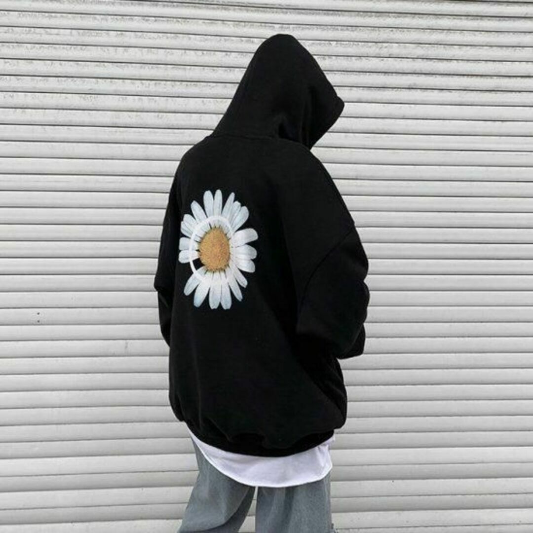 韓国 メンズ デイジー 花柄 スウェット パーカー 長袖 ブラック メンズのトップス(パーカー)の商品写真