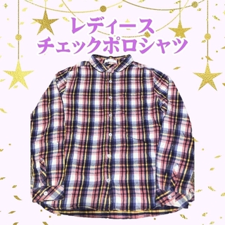 ショコラフィネローブ(chocol raffine robe)のチェック　ポロシャツ　ピンク　レディース　カジュアル　襟付き　丸襟　Fサイズ(ポロシャツ)