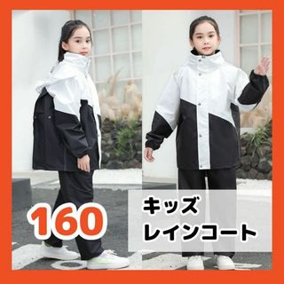 レインコート 160 キッズ レインスーツ 白黒 雨具 防水 カッパ(その他)