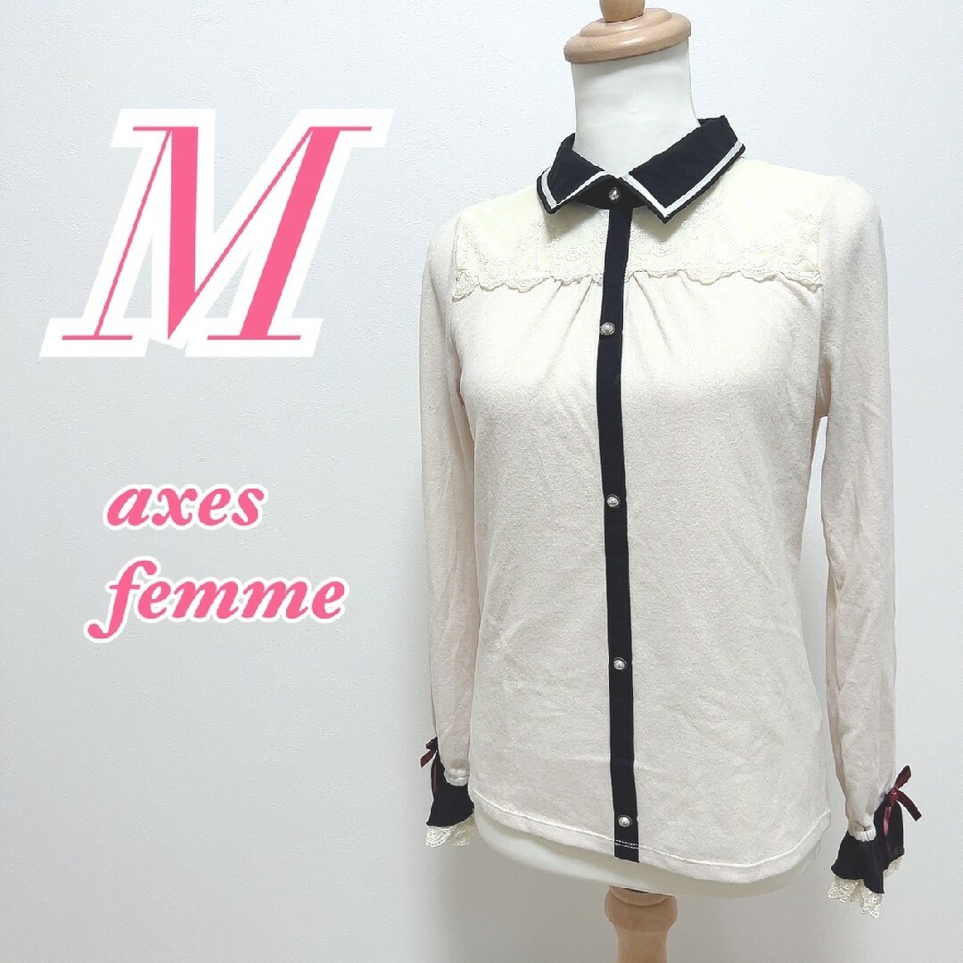 axes femme(アクシーズファム)のアクシーズファム　長袖トップス　M　ホワイト　ブラック　きれいめ　花柄レース レディースのトップス(シャツ/ブラウス(長袖/七分))の商品写真