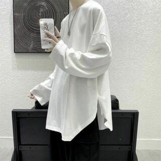 裾変形デザイン 長袖 ロング Tシャツ メンズ 韓国 シンプル 無地 白(Tシャツ/カットソー(七分/長袖))